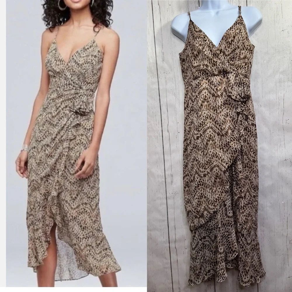 Bardot Animal Print Faux Wrap Midi Dress Y2K Boho Slip Strappy Brown Tan Size 6